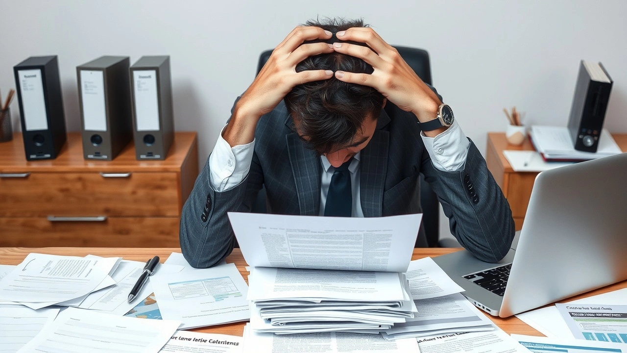 person stressed au bureau entouré de papiers