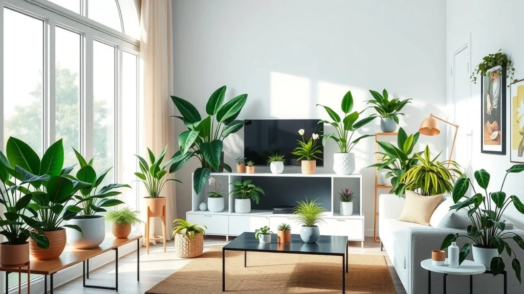Une scène intérieure photoréaliste avec des plantes purificatrices d'air dans un salon décoré.