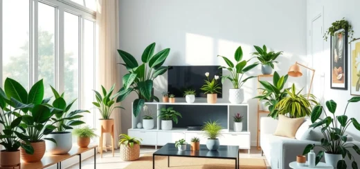 Une scène intérieure photoréaliste avec des plantes purificatrices d'air dans un salon décoré.