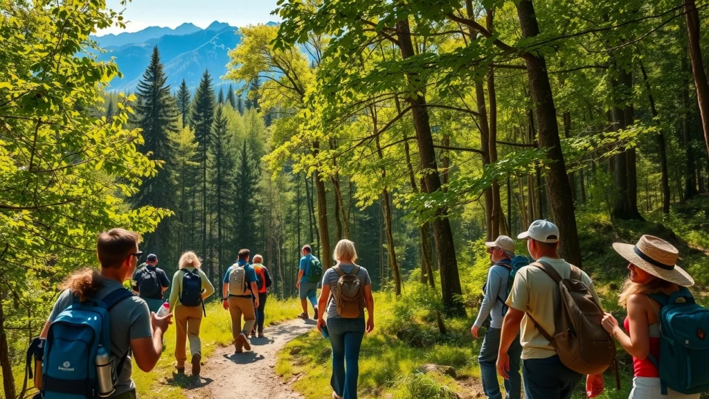 Une scène qui illustre des aventuriers découvrant la nature de manière respectueuse de l'environnement.
