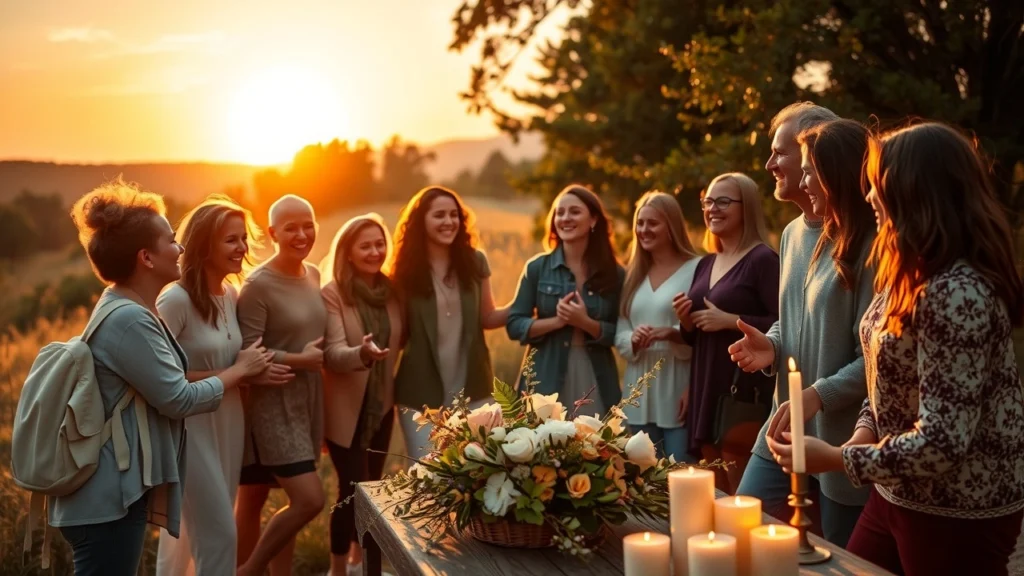 Une scène extérieure paisible montrant un groupe de personnes pratiquant un rituel de gratitude.