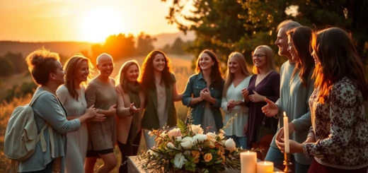 Une scène extérieure paisible montrant un groupe de personnes pratiquant un rituel de gratitude.
