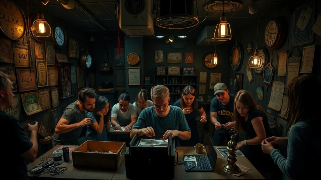 Une scène d'escape game avec des participants résolvant des énigmes dans une pièce mystérieuse.
