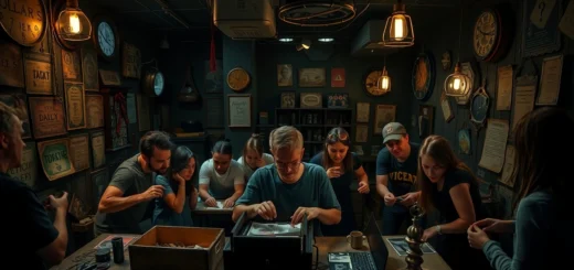 Une scène d'escape game avec des participants résolvant des énigmes dans une pièce mystérieuse.