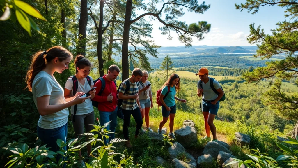 Scène photoréaliste de personnes faisant du geocaching dans une forêt.