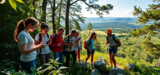 Scène photoréaliste de personnes faisant du geocaching dans une forêt.