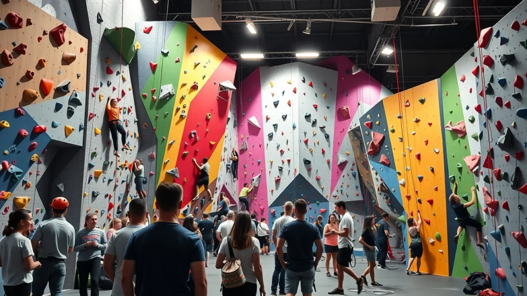 Scène d'escalade intérieure avec des grimpeurs et des murs colorés.