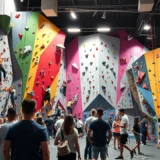 Scène d'escalade intérieure avec des grimpeurs et des murs colorés.