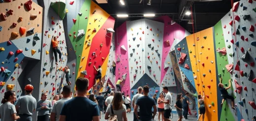 Scène d'escalade intérieure avec des grimpeurs et des murs colorés.