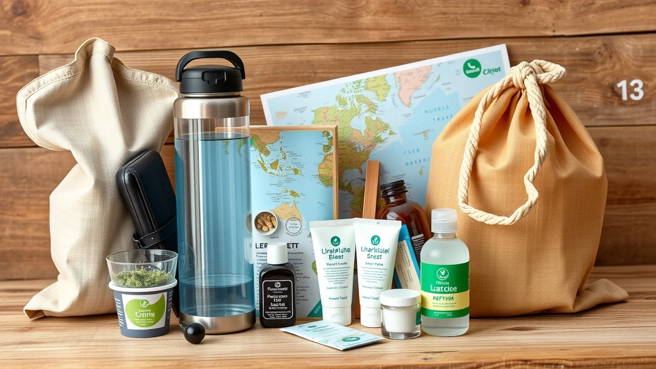 trousse de voyage durable avec bouteilles réutilisables et cartes