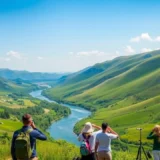 Un paysage serein avec des voyageurs profitant de la nature tout en préservant l'environnement.