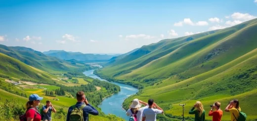 Un paysage serein avec des voyageurs profitant de la nature tout en préservant l'environnement.