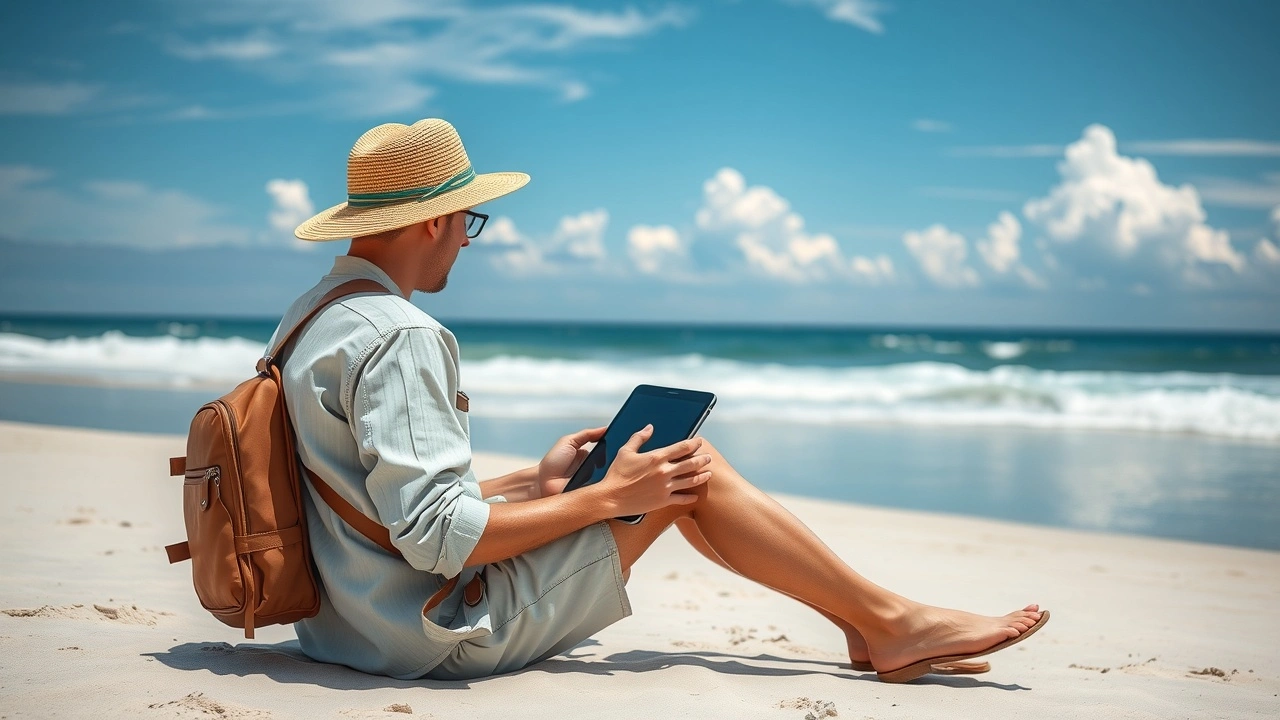 un voyageur sur une plage avec un ordinateur portable fermé