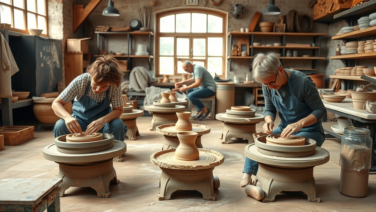 atelier de poterie avec artistes modelant de l'argile