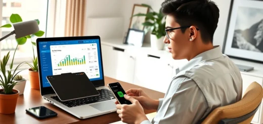 Un bureau moderne avec une personne utilisant des outils financiers numériques.