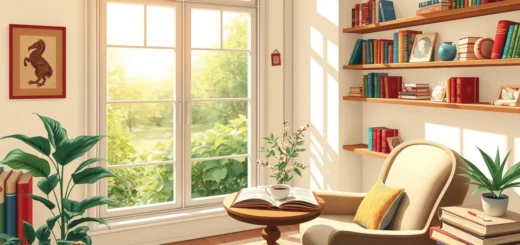 Un coin lecture confortable avec une chaise, une table, un livre ouvert et une tasse de thé.