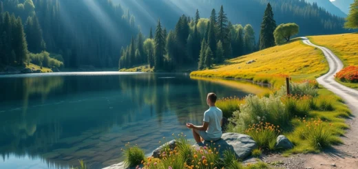 Une personne en harmonie avec la nature dans un paysage serein, entourée de verdure et pratiquant la pleine conscience.