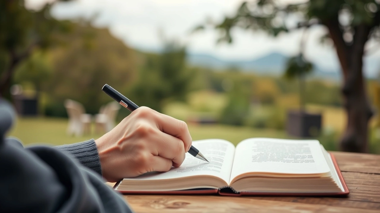 une personne ecrit dans un journal en pleine nature