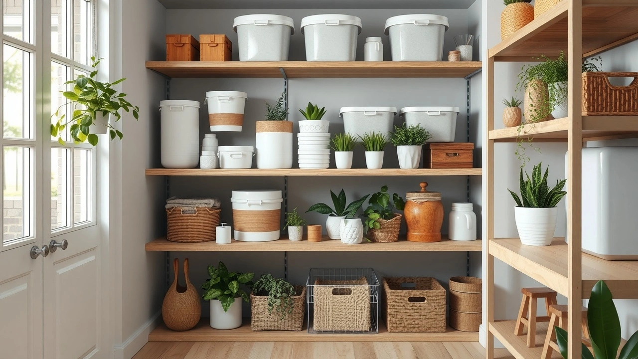 espace de rangement bien organisé avec des contenants écologiques