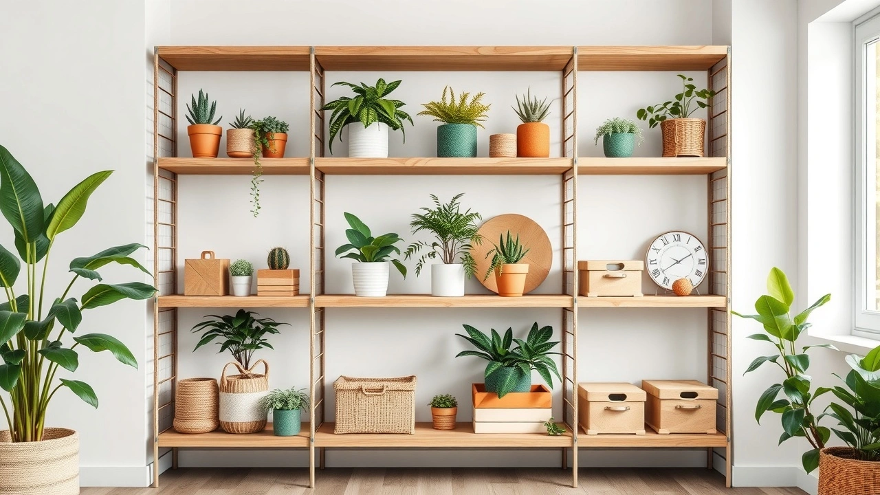 espace de rangement ecologique avec etageres et plantes