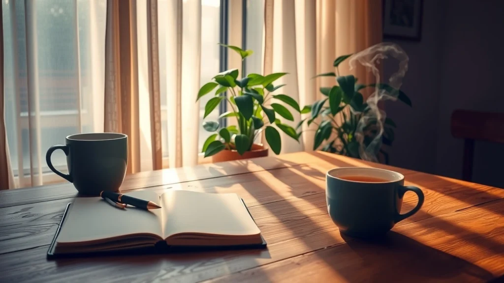 Un espace de travail serein avec un bureau en bois, un journal et une tasse de thé.