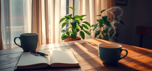 Un espace de travail serein avec un bureau en bois, un journal et une tasse de thé.