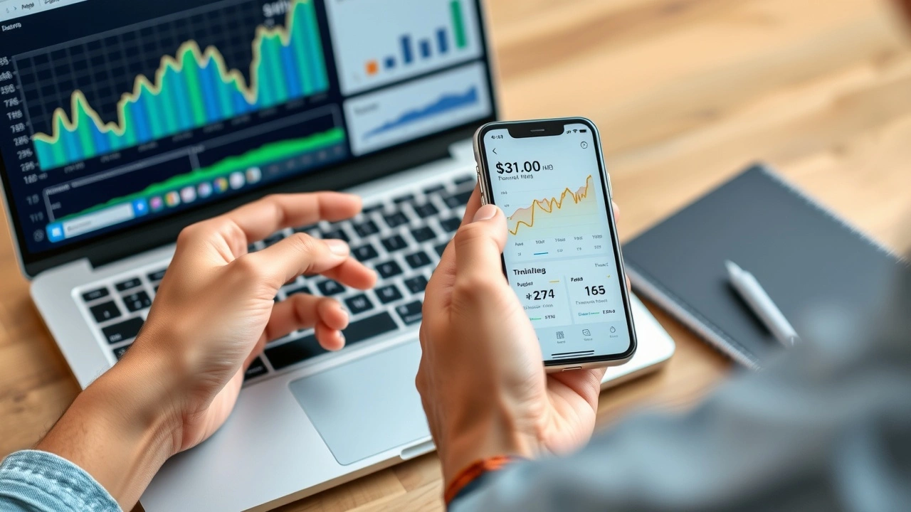 person utilisant smartphone et ordinateur pour finances personnelles