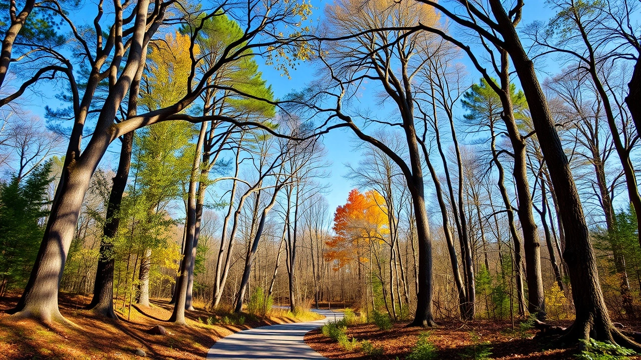 forêt paisible avec un chemin et un ciel bleu