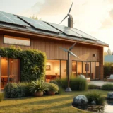 Une représentation photoréaliste d'un habitat durable intégrant des solutions d'énergie renouvelable comme des panneaux solaires et une éolienne.