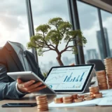 Une illustration d'un portefeuille d'investissement résilient avec des éléments financiers et un ciel nuageux.