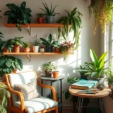 Un jardin d'intérieur apaisant avec des plantes variées, évoquant le bien-être et la créativité.