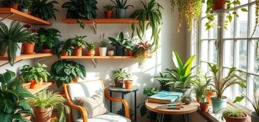 Un jardin d'intérieur apaisant avec des plantes variées, évoquant le bien-être et la créativité.