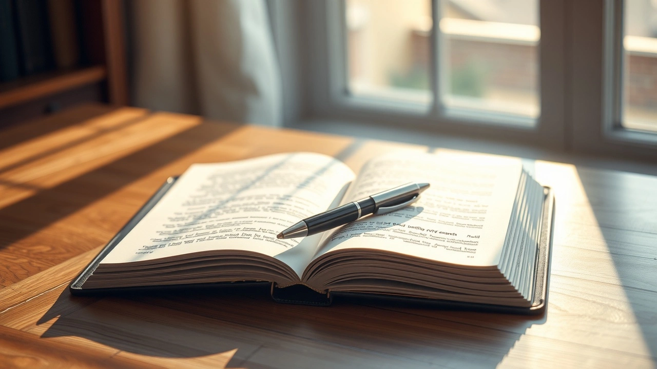 un journal ouvert avec un stylo sur une table en bois