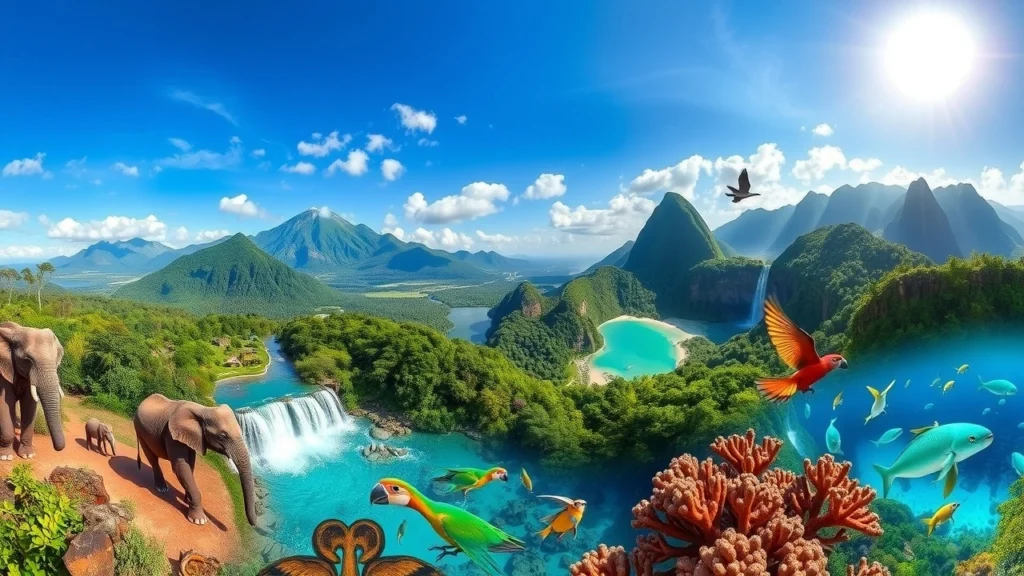 Une vue panoramique des merveilles naturelles du monde, mettant en avant la faune et la flore dans leur habitat naturel.