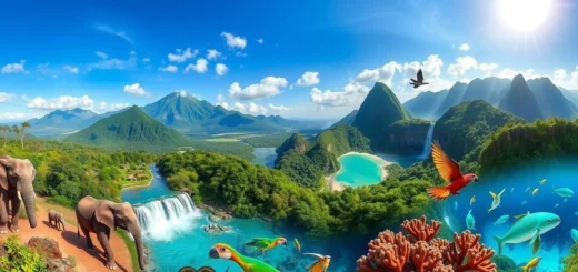 Une vue panoramique des merveilles naturelles du monde, mettant en avant la faune et la flore dans leur habitat naturel.