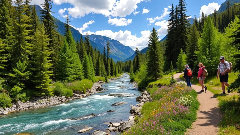 Un paysage serein illustrant la beauté de la nature, avec une forêt verdoyante, une rivière claire et des voyageurs respectueux de l'environnement.