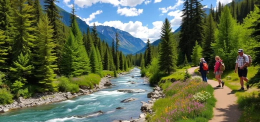 Un paysage serein illustrant la beauté de la nature, avec une forêt verdoyante, une rivière claire et des voyageurs respectueux de l'environnement.