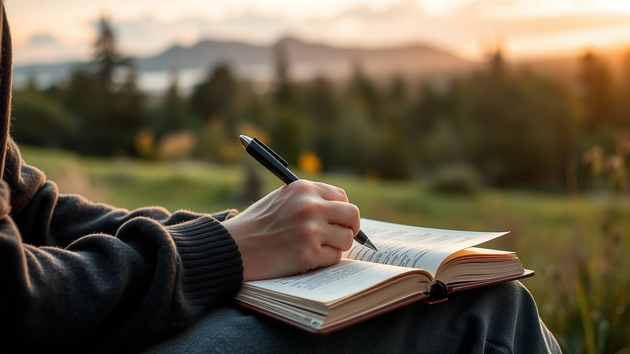 person ecrivant dans un journal avec un paysage naturel