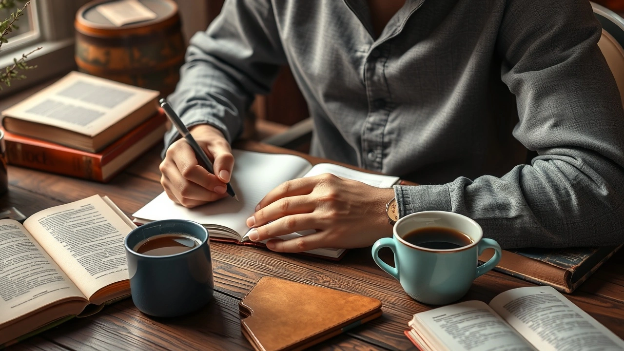 person ecrivant dans un carnet avec une tasse de cafe