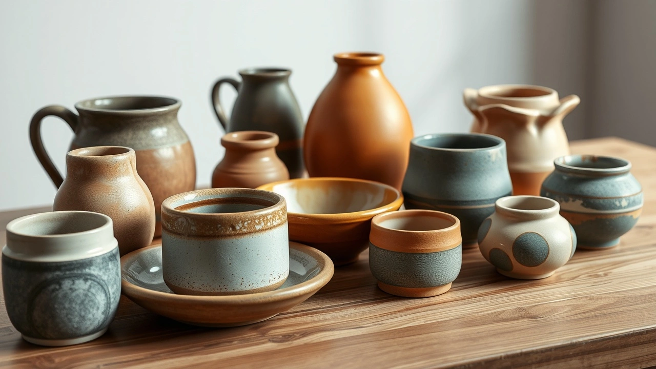 ensemble de pieces de poterie contemporaine sur une table