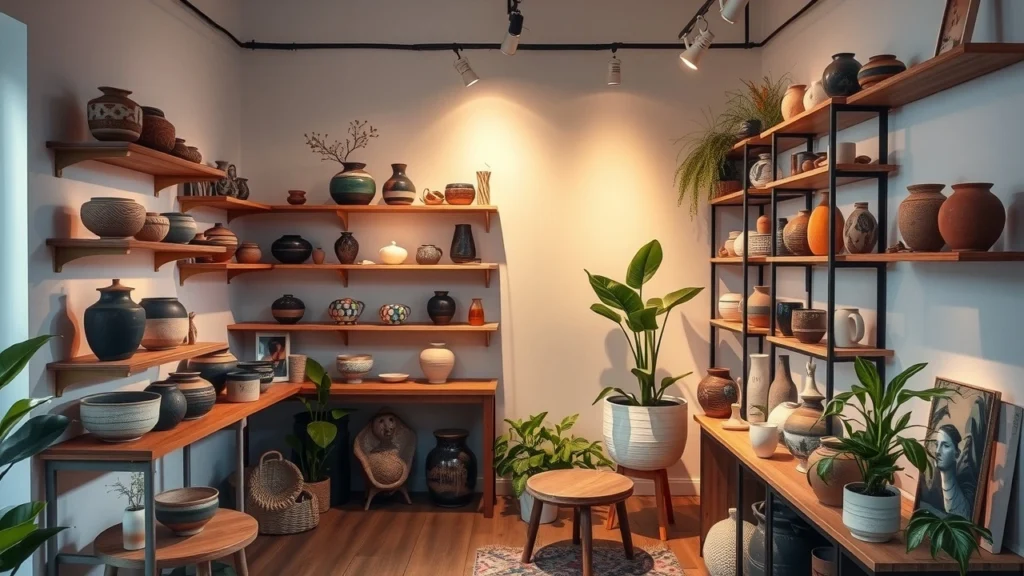 Une pièce intérieure sereine avec de la poterie contemporaine.