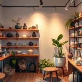 Une pièce intérieure sereine avec de la poterie contemporaine.