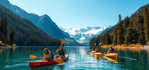 Un paysage magnifique montrant des voyageurs engagés dans des aventures immersives tout en préservant la nature.