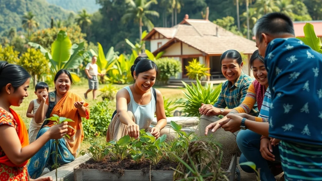 Un voyageur engagé dans un projet solidaire avec des communautés locales, illustrant l'échange culturel et le respect mutuel.