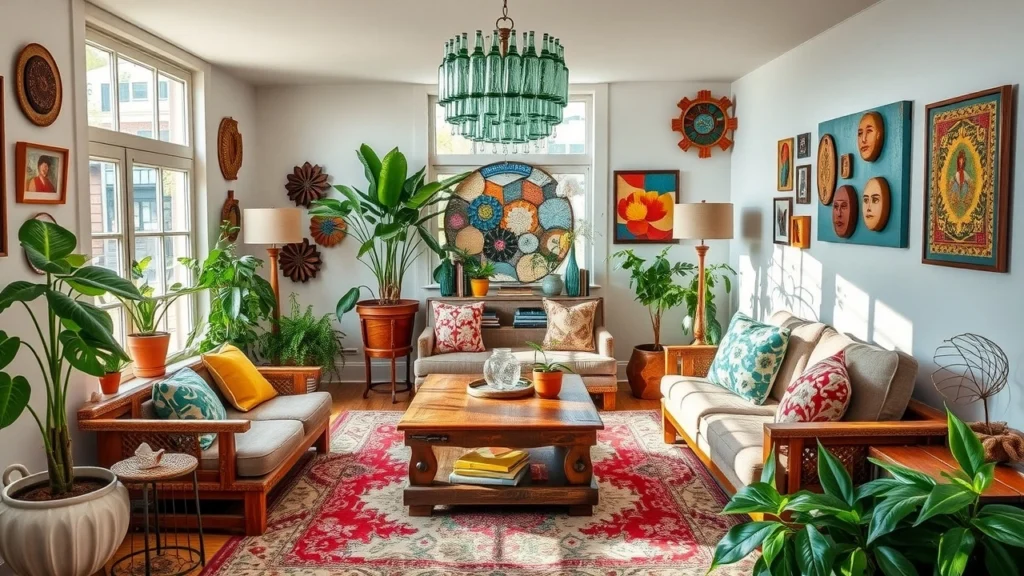 Un salon joliment aménagé avec des objets upcyclés, mettant en avant un mobilier unique et durable.