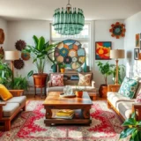 Un salon joliment aménagé avec des objets upcyclés, mettant en avant un mobilier unique et durable.