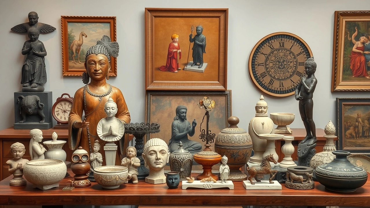 table avec des œuvres d'art de différentes cultures