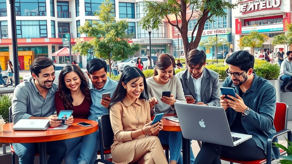 Une représentation photoréaliste des technologies de communication modernes et leur impact sur les interactions sociales.