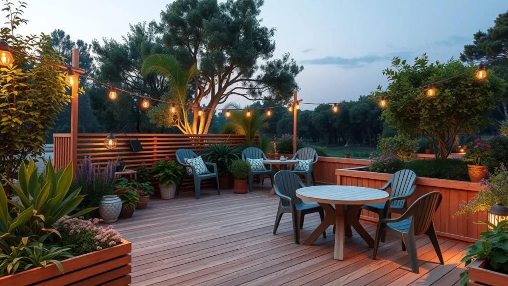 Une terrasse écoresponsable entourée de verdure, mettant en valeur un style de vie durable.