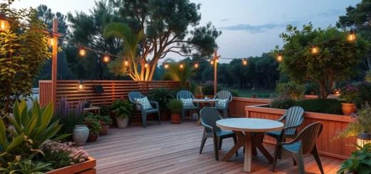Une terrasse écoresponsable entourée de verdure, mettant en valeur un style de vie durable.